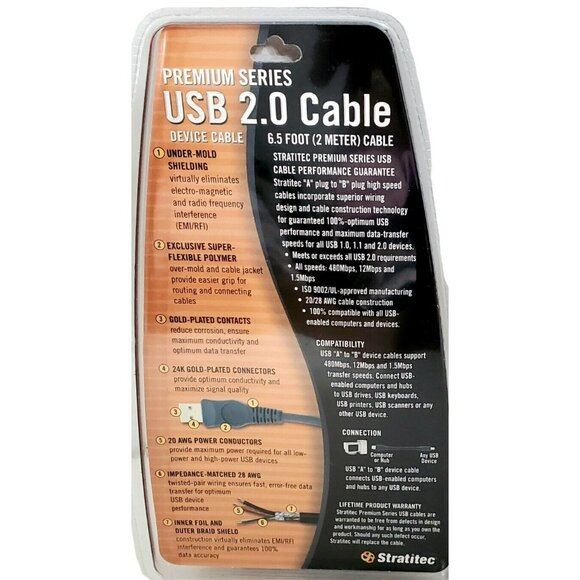 New STRATITEC USB Premium Gold Plated 2.0 High Speed A to B Cable Connector 6.5' - Picture 2 of 4